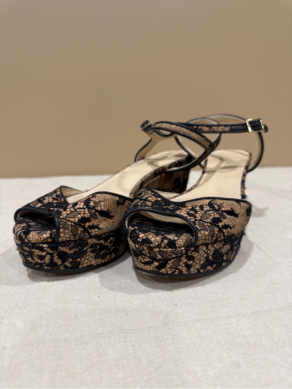 Jimmy Choo Black Lace Cork Wedge Platform Sandals Size 39 1/2
